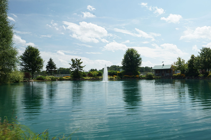 Floating fountain aerating a lake with a city skyline behind