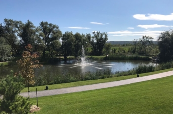 This Aqua Control Tiara Floating Fountain Sitting at a low elevation this dazzling display of water and lights is a great addition to your event center or commercial property. This is a 2hp Aqua Control Tiara floating fountain that is the focal point of the pond located on the property.