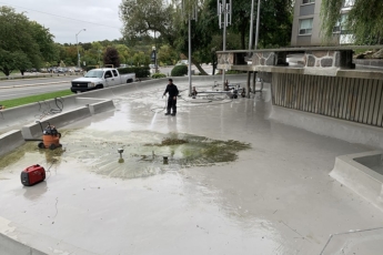 Algae Removal and Pool Cleanings - Large area fountains can build up with algae in the spring before the fountain is opened. This is due to concrete settling and rainwater pooling in lower areas. Our technicians will remove all organics before filling the pools.