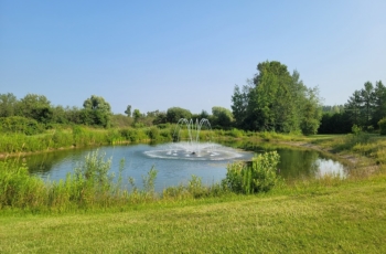 This is an Aqua Control fusion series floating fountain located in a rural setting.