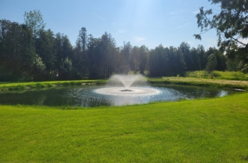 This Kasco Marine J-Series floating fountain is located in a rural pond surrounded by green grass and blue skies.