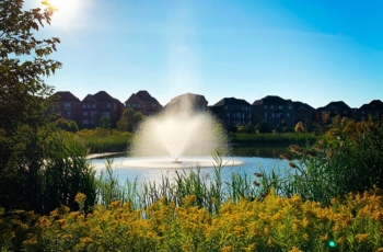 The Kasco Marine J-Series floating fountain offers a wide range of performance and functionality in any setting within a municipal storm retainment pond.