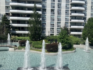 This image shows five frothy fountain nozzles with a light blue water pool.